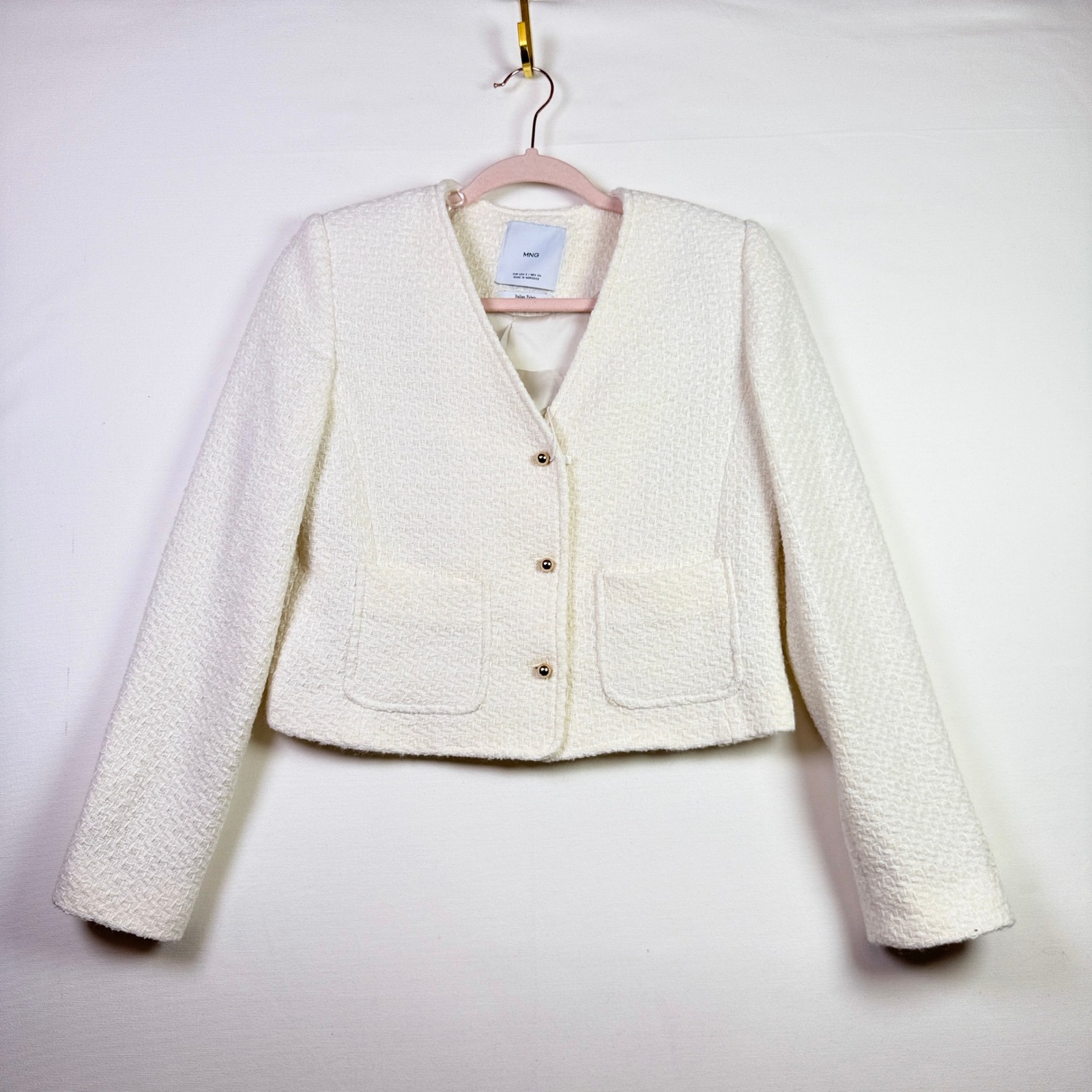 Mango White Italian Fabric Tweed Cropped Jacket S